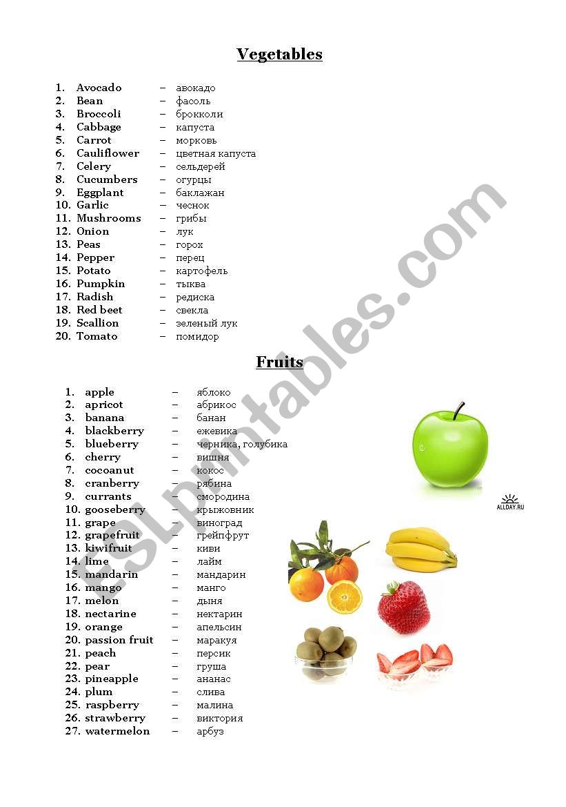 Types of vegetables, soups, fruits and fish