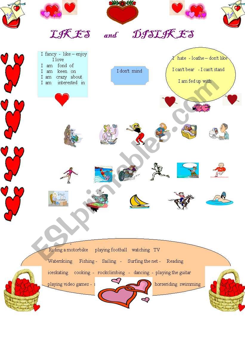 Sports and hobbies : likes and dislikes ( synonym expressions ) - ESL  worksheet by Patou