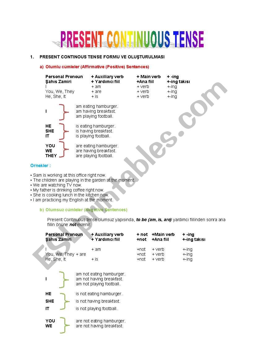 present continous tense worksheet