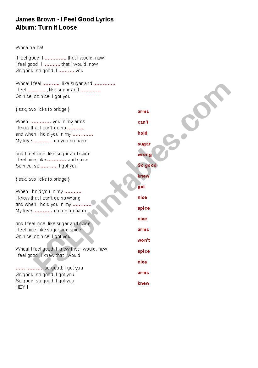 I feel good by James Brown worksheet