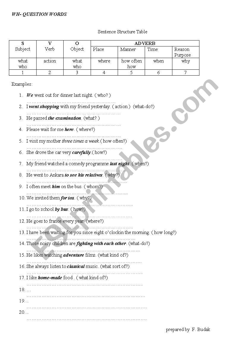 wh- question words worksheet