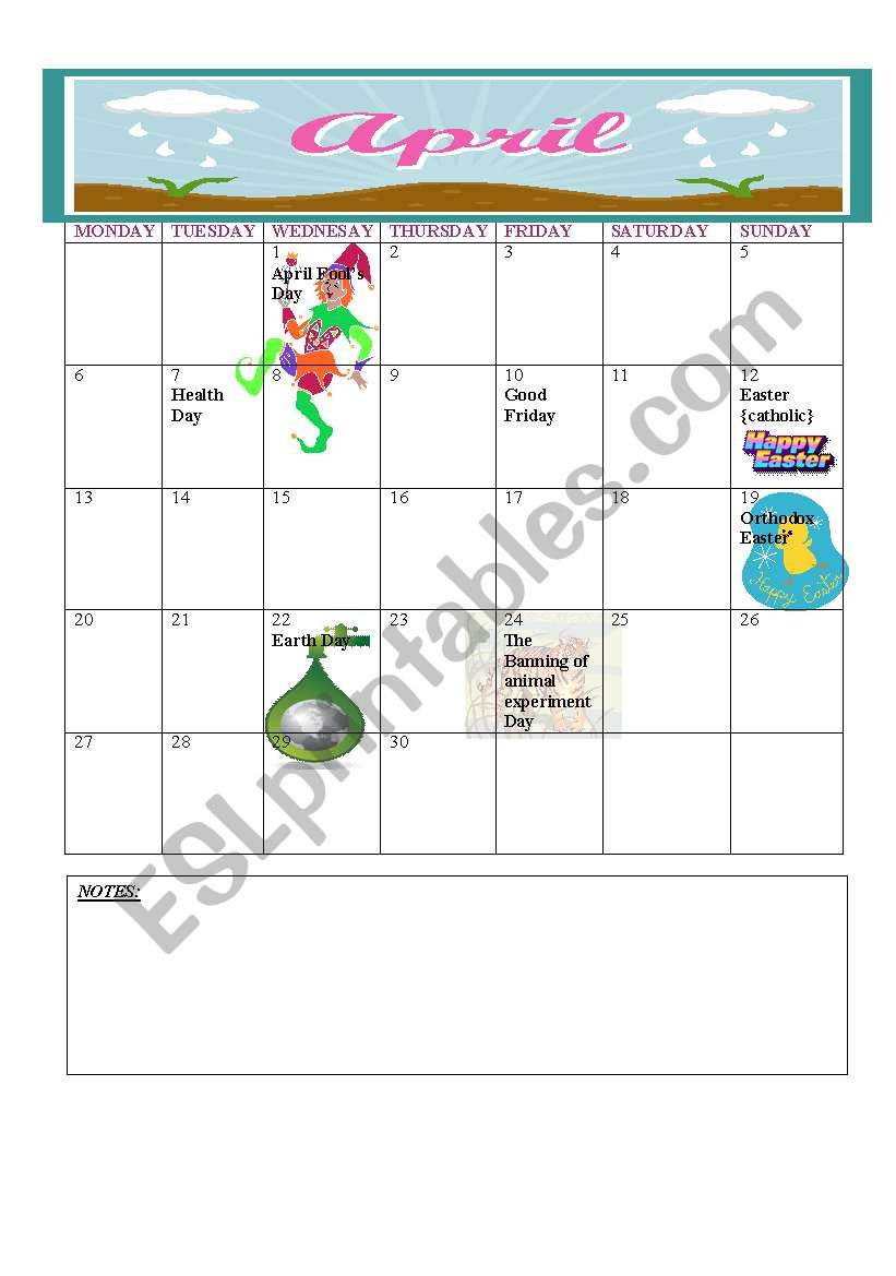 2009 Calender: April- May worksheet