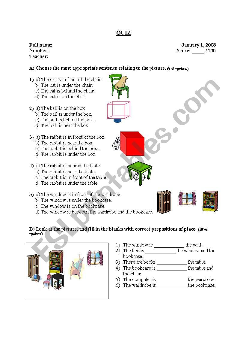 prepositions / quiz worksheet