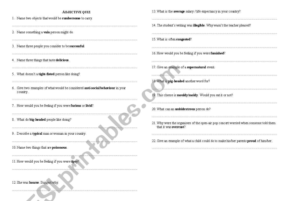 Adjective quiz worksheet