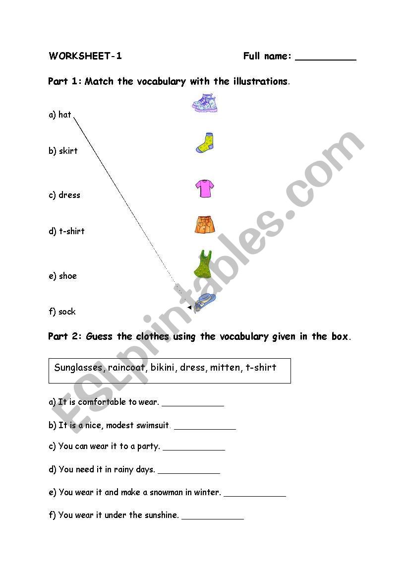 vocabulary - clothes worksheet