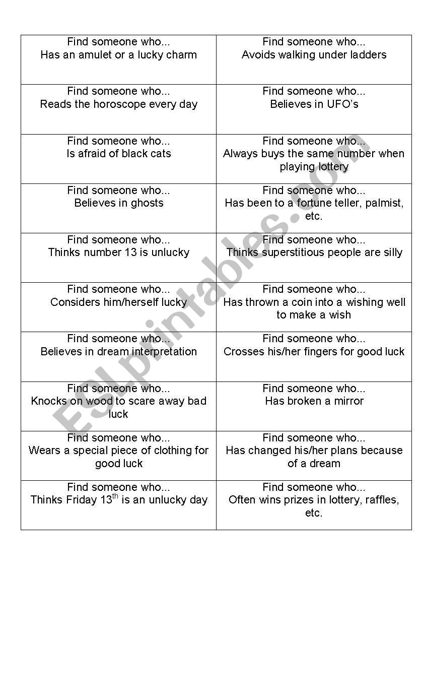 Superstitions Survey worksheet