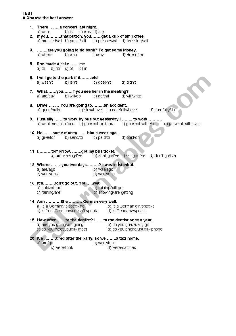 multiple choice test worksheet