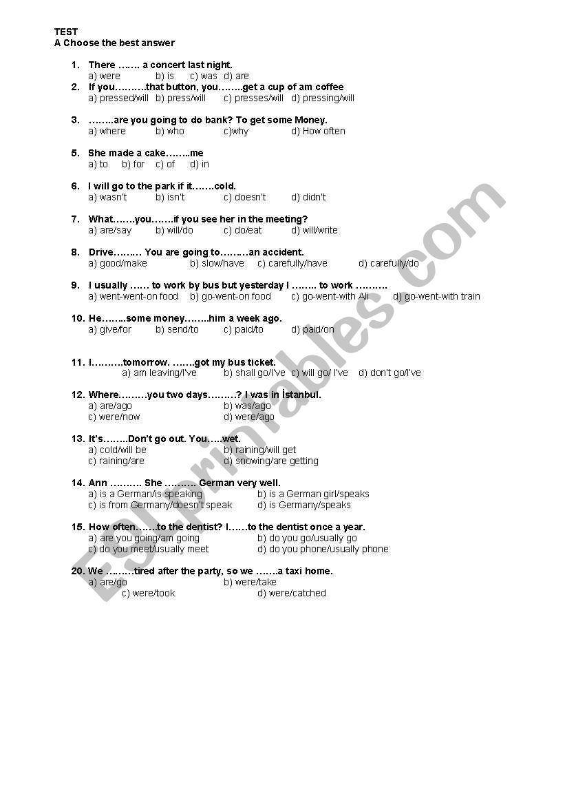 multiple choice test worksheet