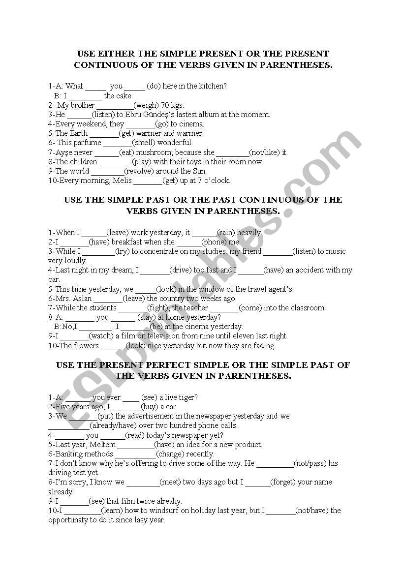 a worksheet about tenses worksheet