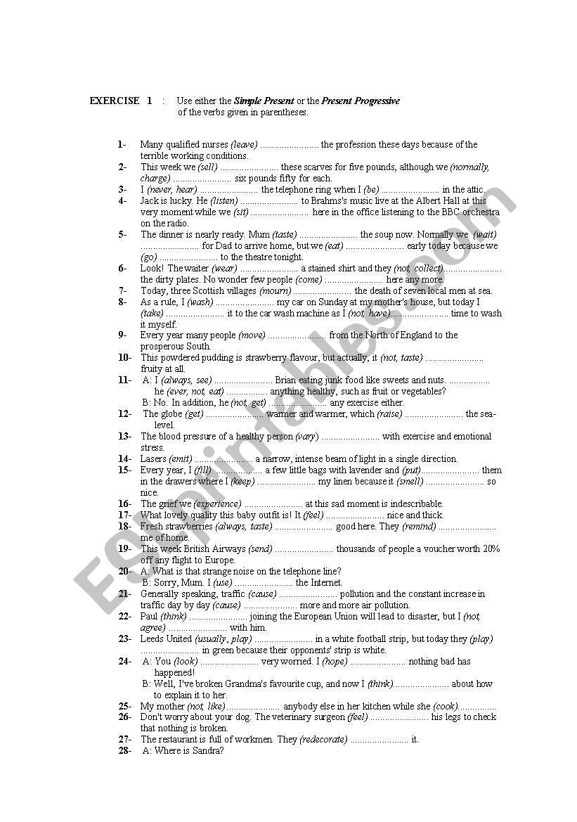 sentence completion exercise in present simple and present progressive