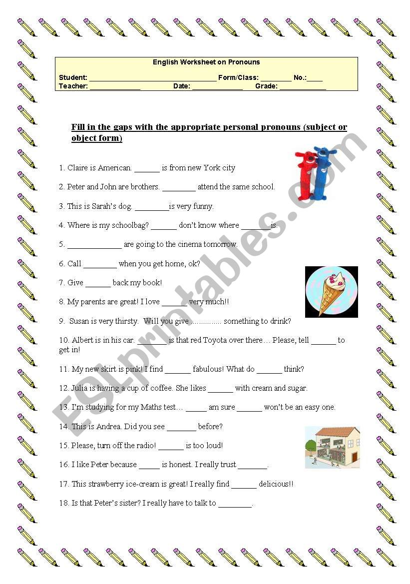 Worksheet on Pronouns worksheet