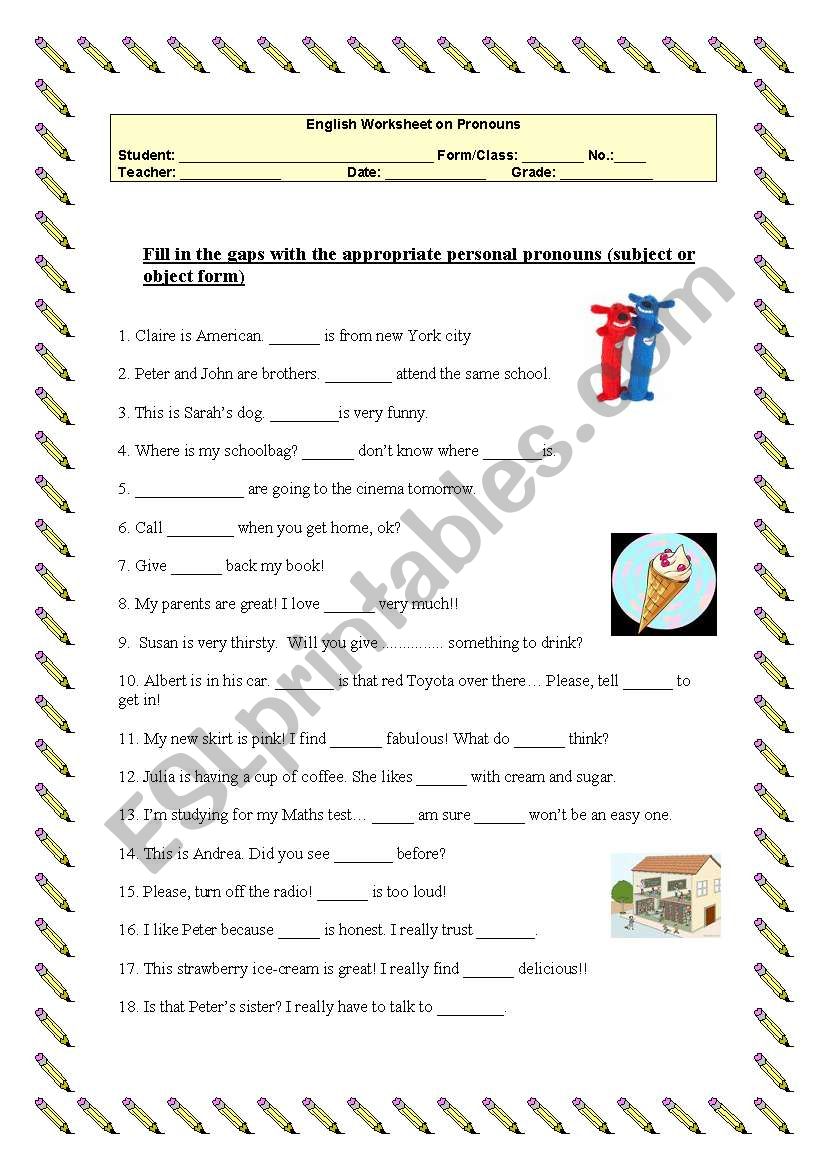 Worksheet on Pronouns worksheet