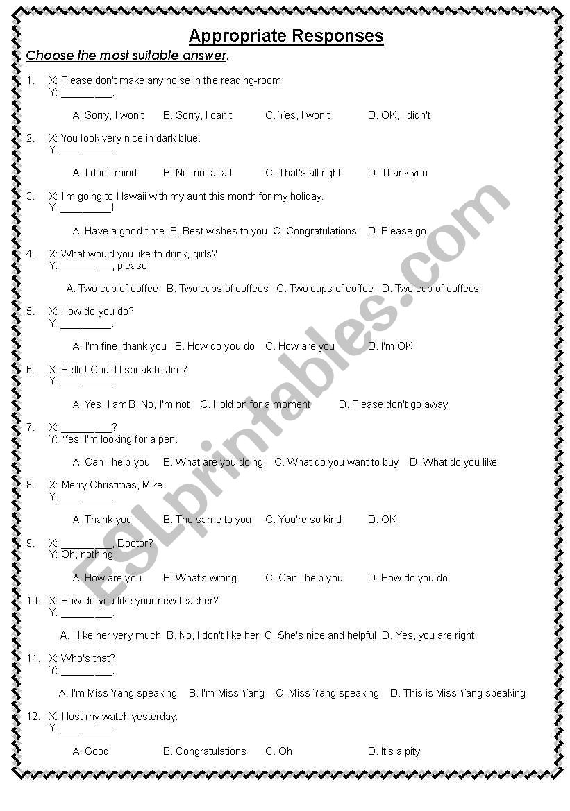 appropriate responses worksheet