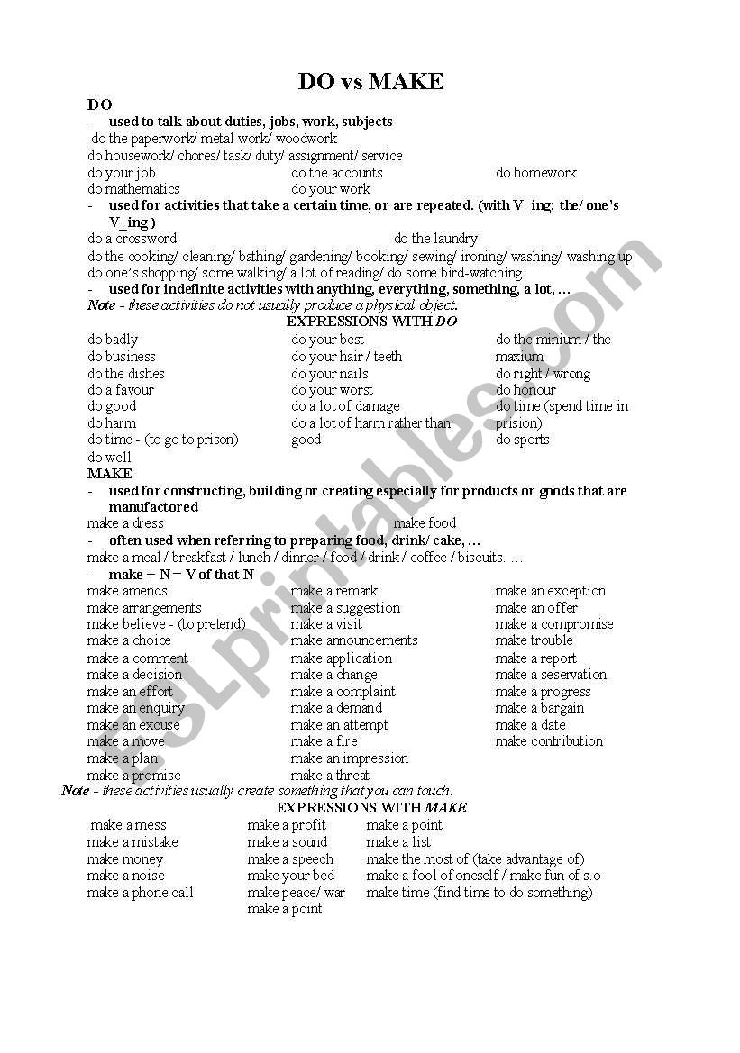 Do vs Make worksheet