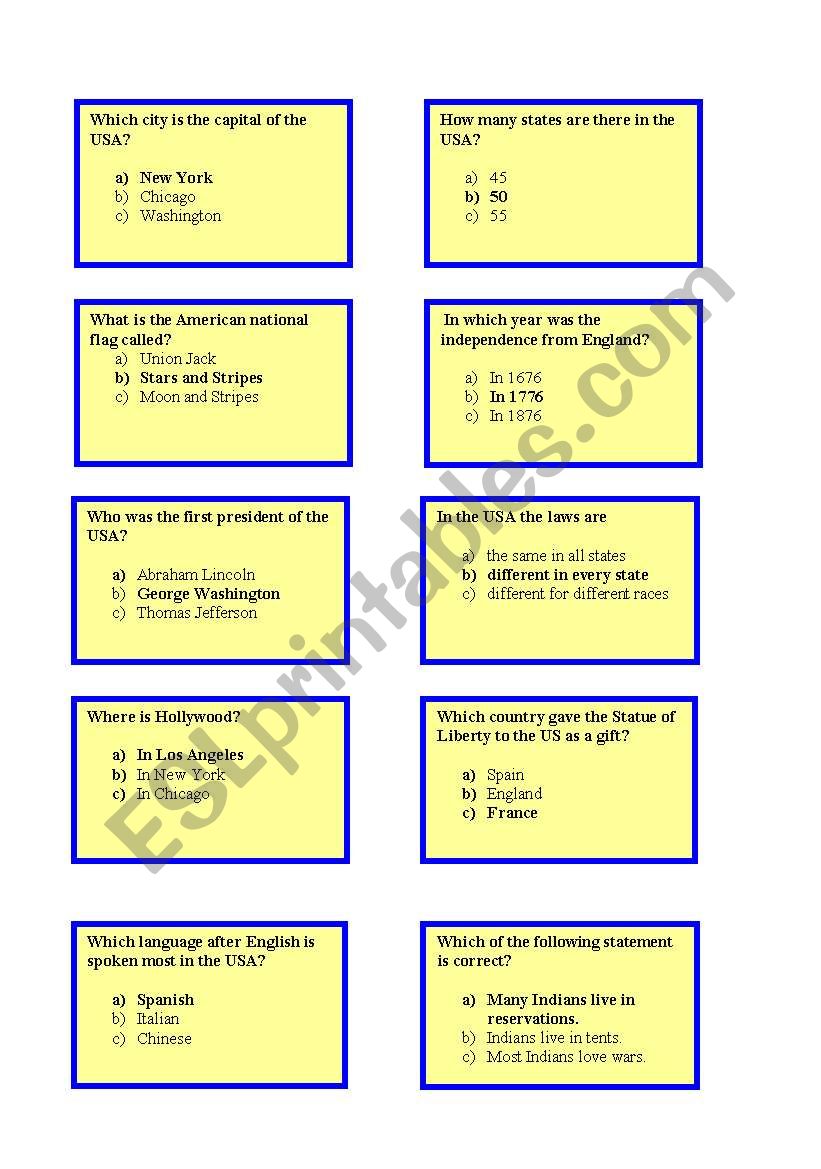 Card game USA Team A worksheet