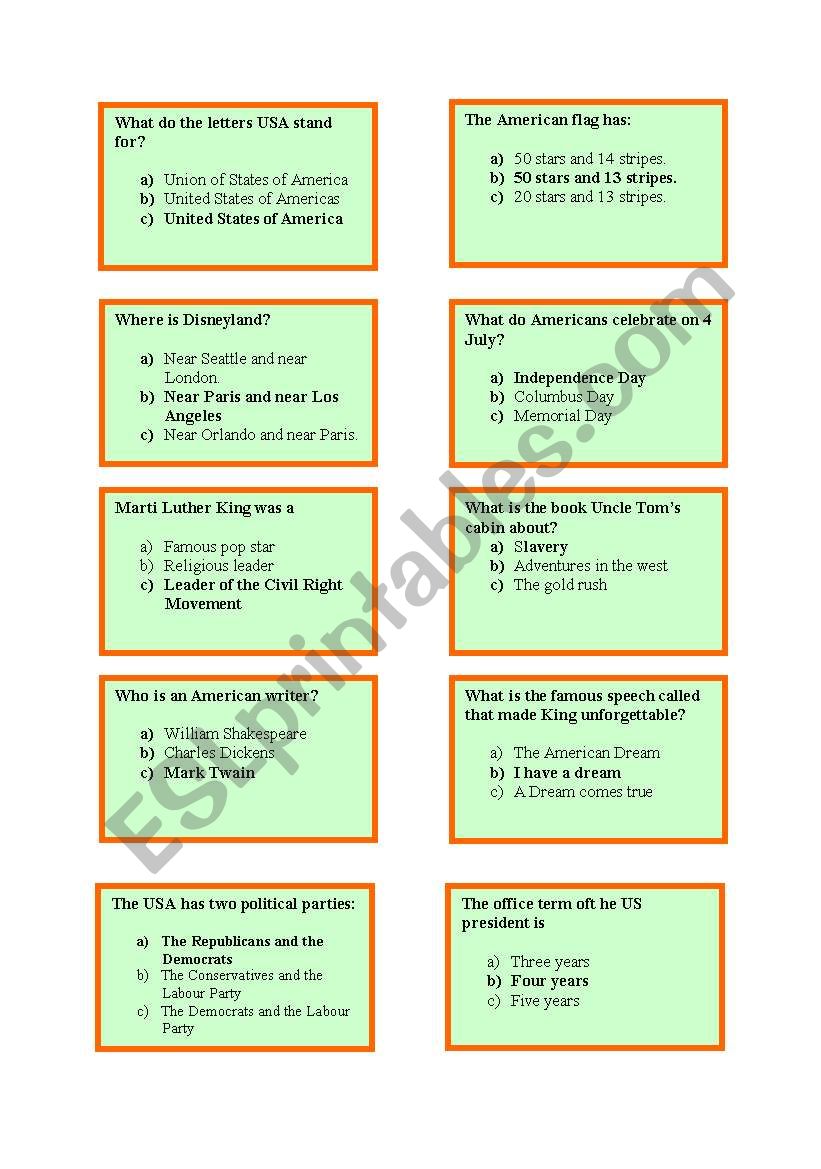 Cards on the USA Team B worksheet