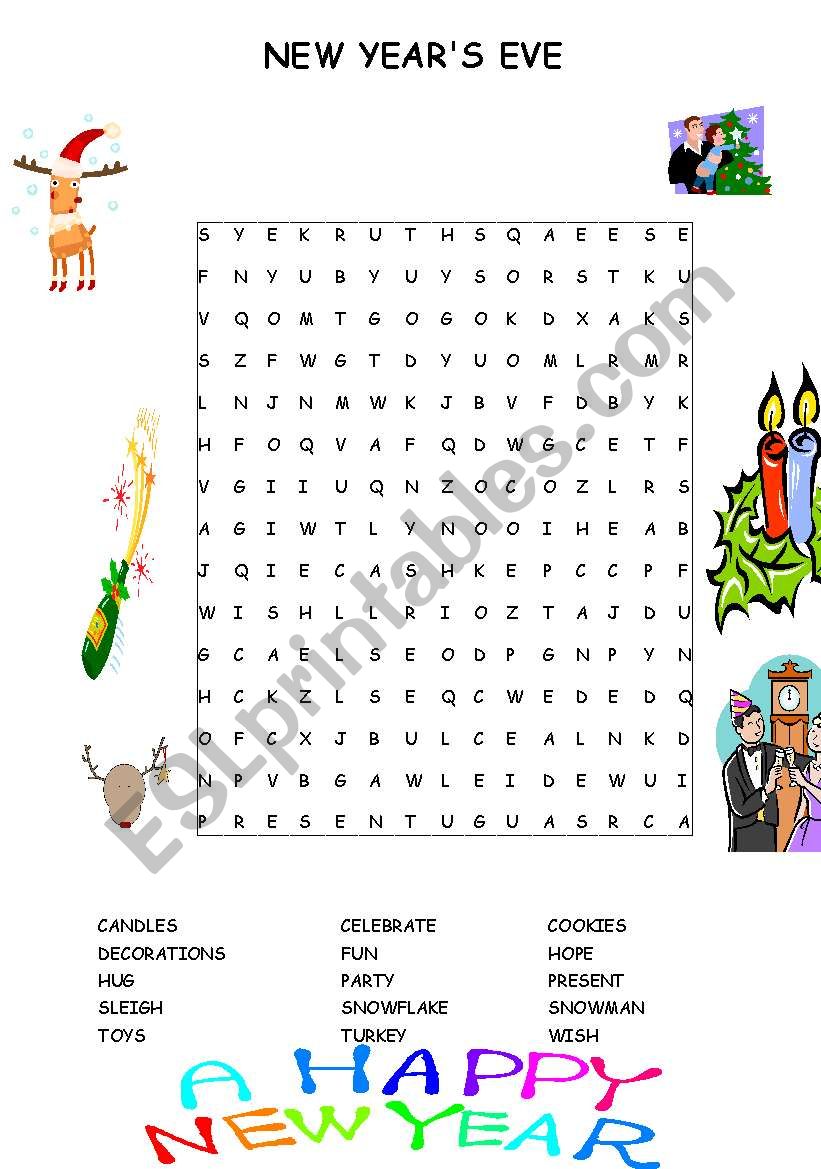 NEW YEARÂ´S EVE WORDSEARCH worksheet