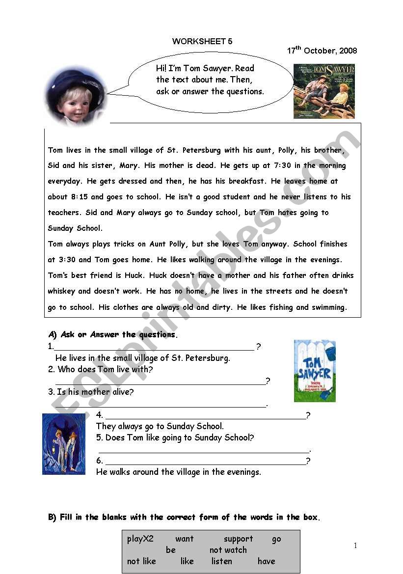 tom sawyer worksheet