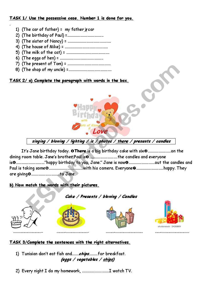 birthday + possessives worksheet