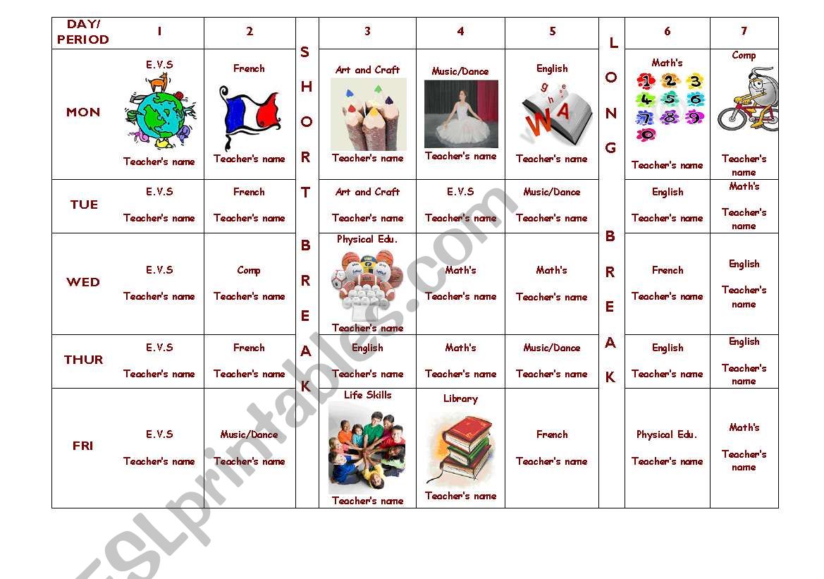 Timetable with pictures for different subjects
