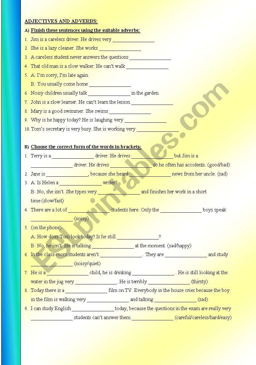 adjective adverb  worksheet