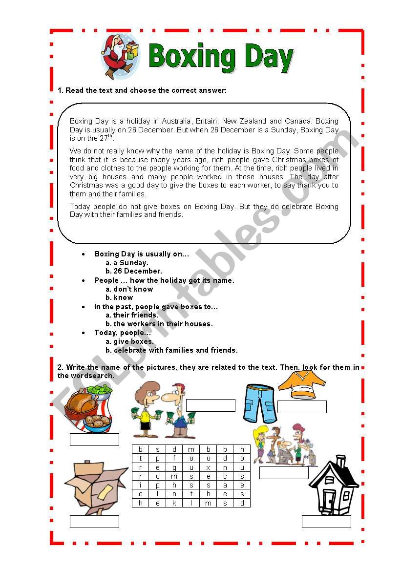 Boxing Day worksheet