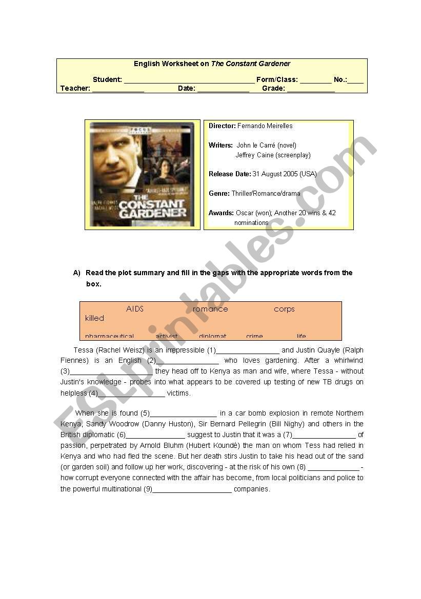 The Constant Gardener Esl Worksheet By Ocean Rain