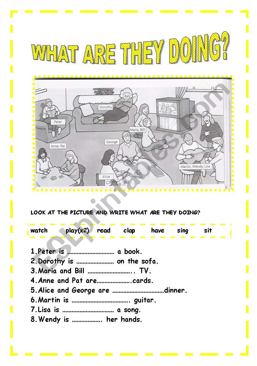 PRESENT CONTINUOUS TENSE -WHAT ARE THEY DOING? - ESL worksheet by teach75