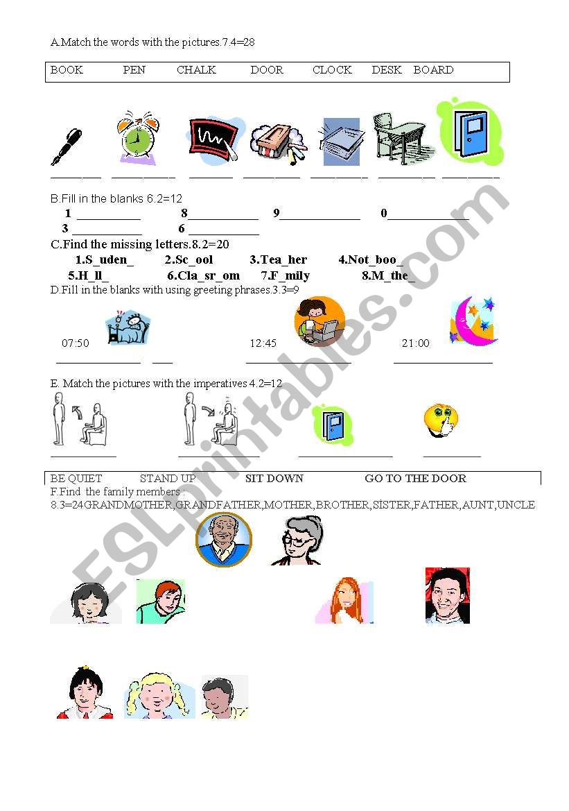 an exam paper about school  objects,imperatives,numbers and family members