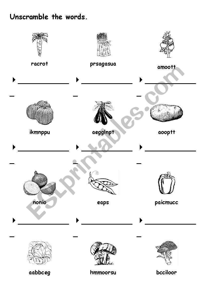 unscramble vegetable words. worksheet