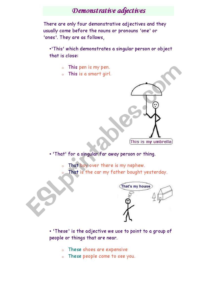 Demonstratives adjectives worksheet