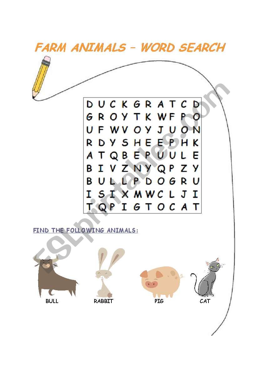 Farm animals - word search exercise with an answer key
