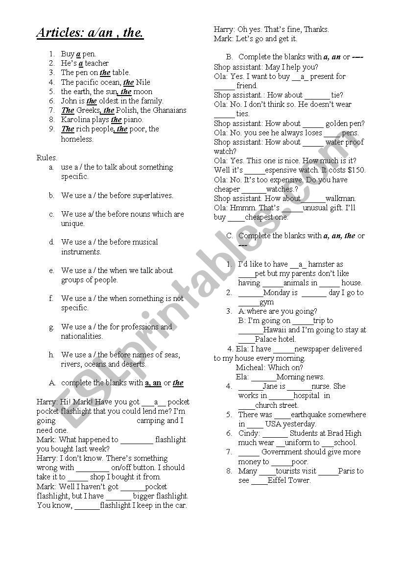 Articles worksheet