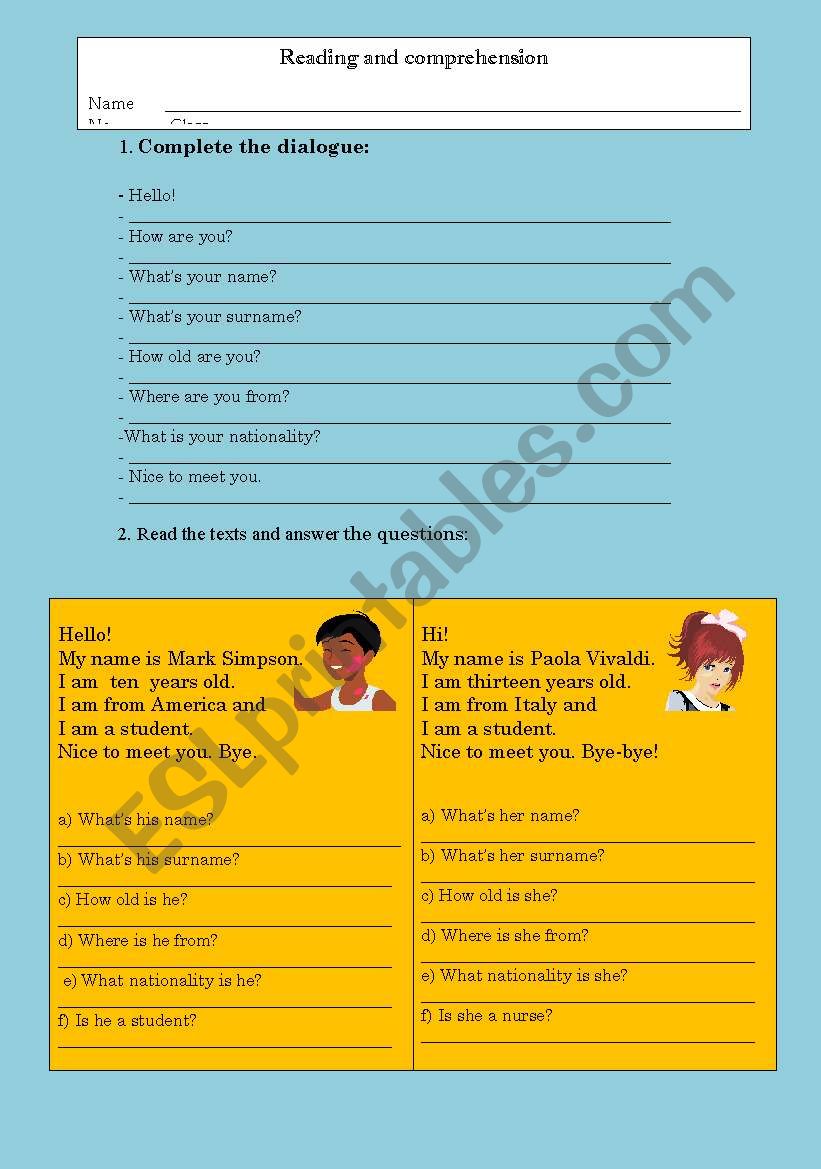 Reading and comprehension worksheet