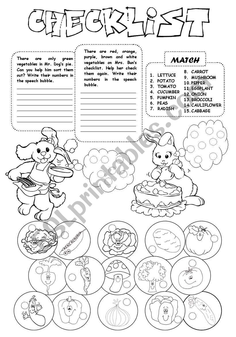 Checklist - vegetables worksheet