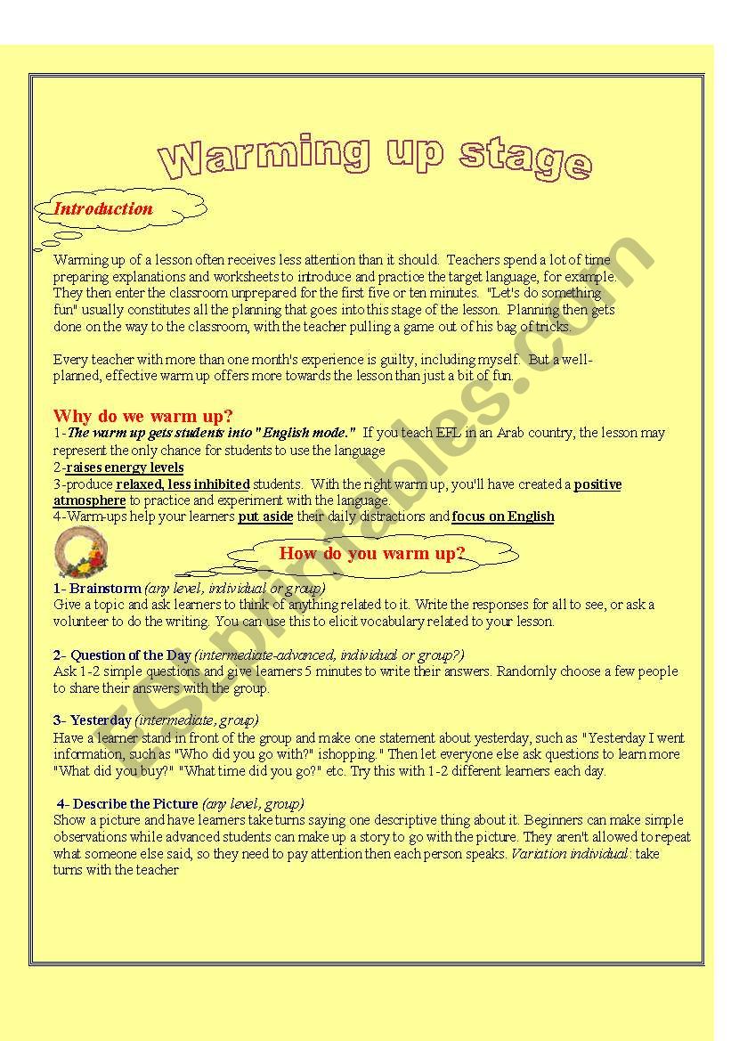 warming up activities worksheet