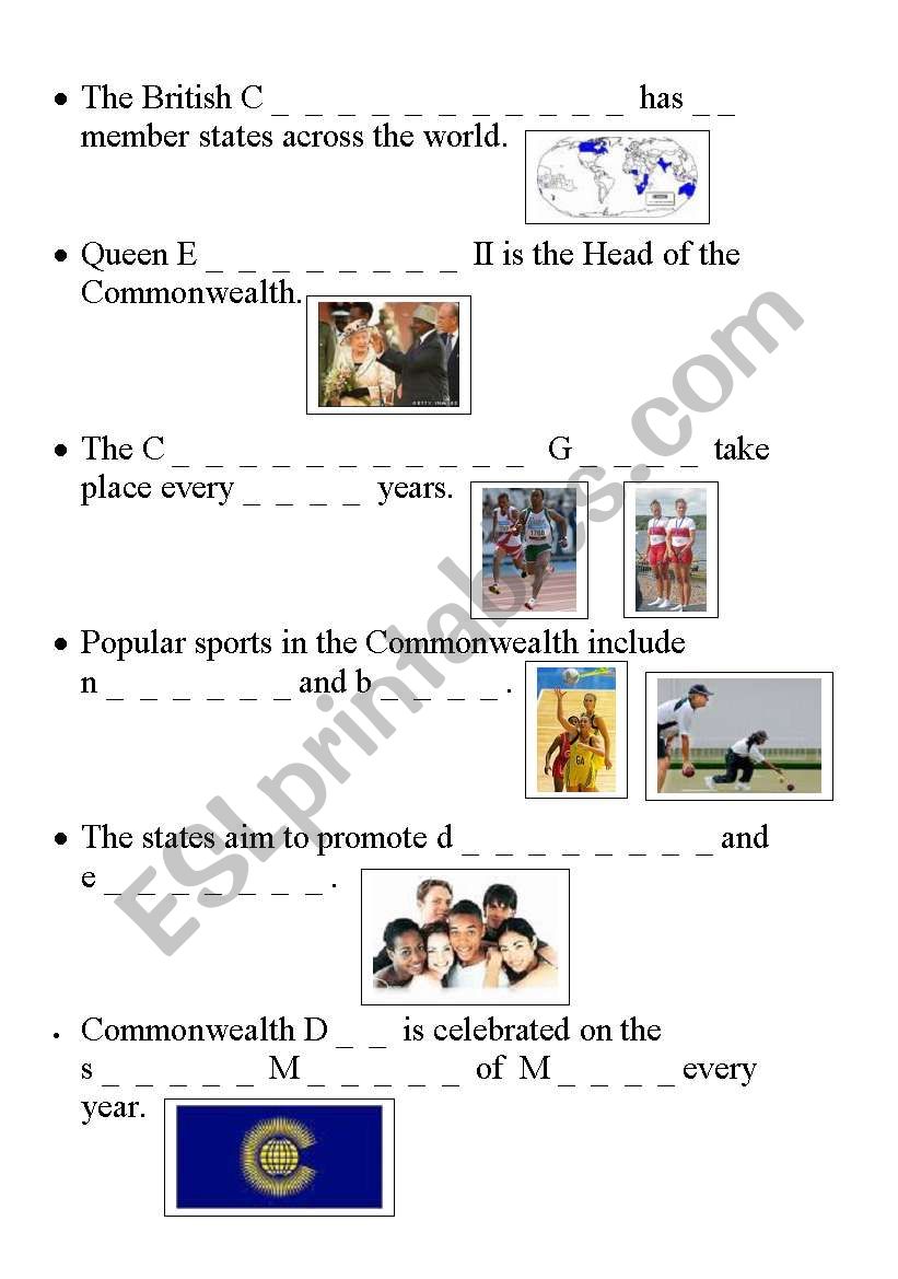 Commonwealth gap fill worksheet