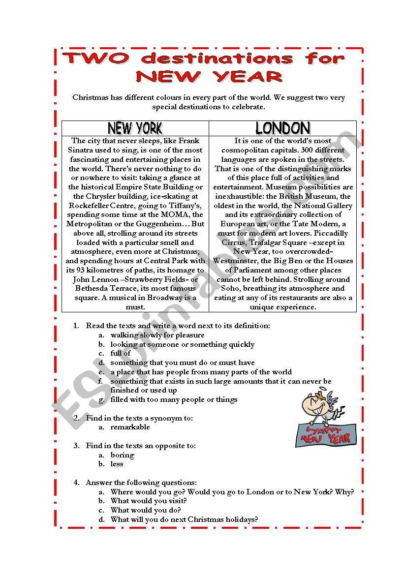 Two destinations for New Year worksheet
