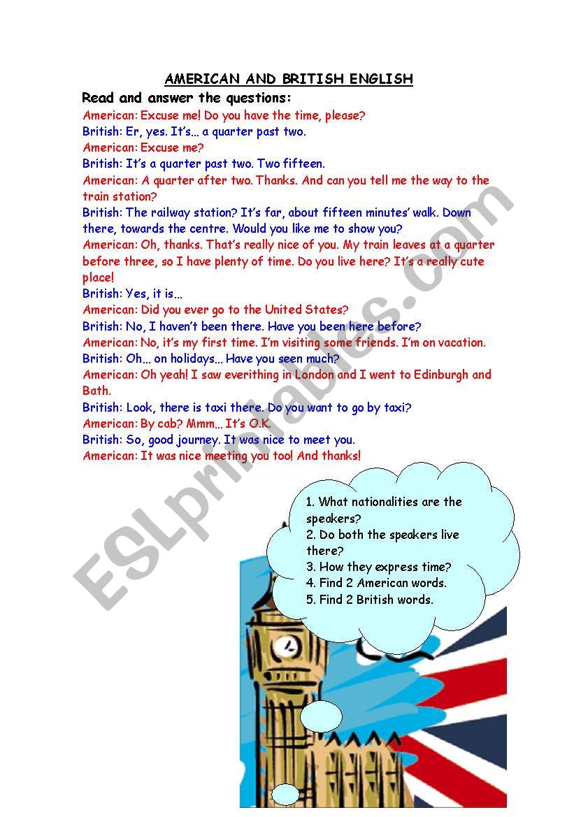 American and British English worksheet