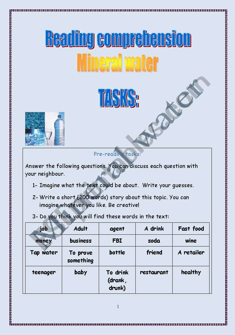 Mineral water (reading comprehension)  (+ answers)