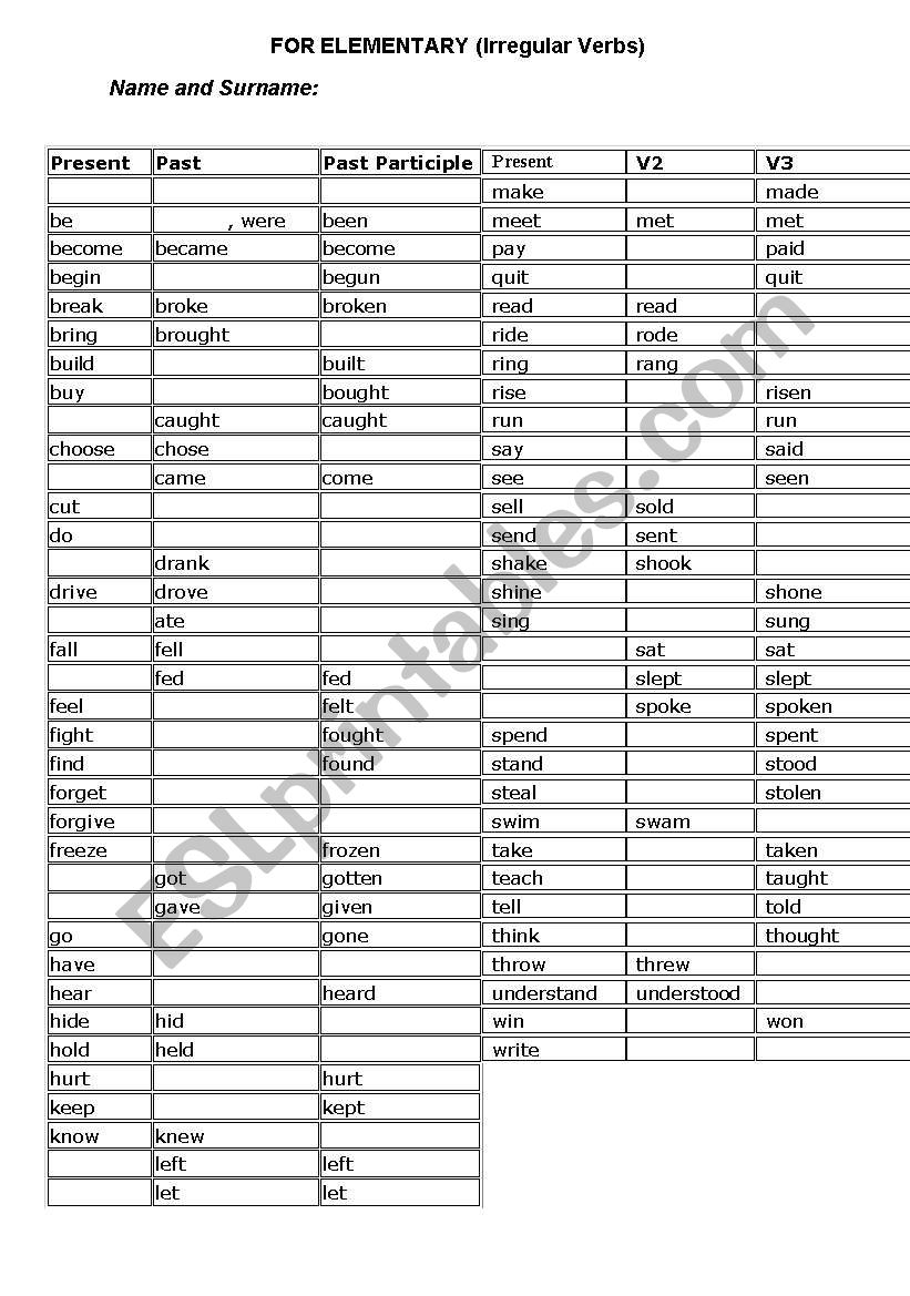 a quiz for elementary students about irregular verbs