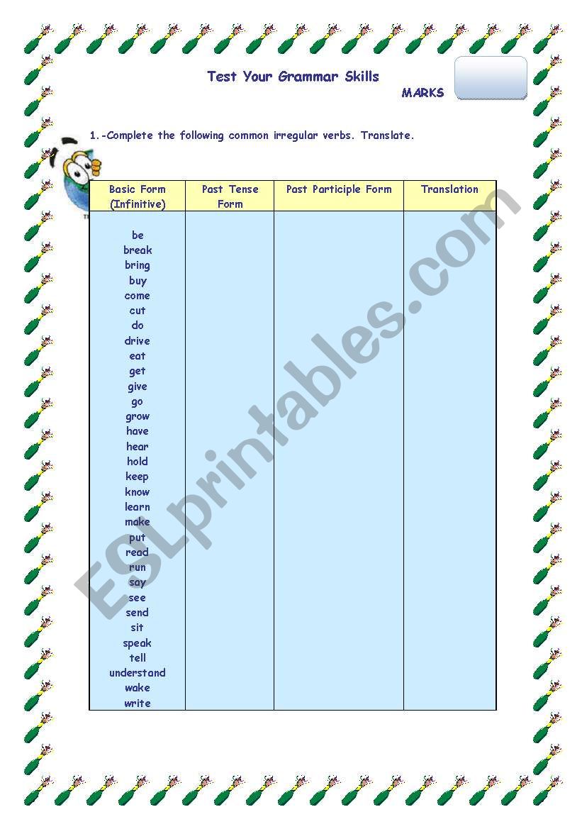 COMMON IRREGULAR VERBS CHECKLIST