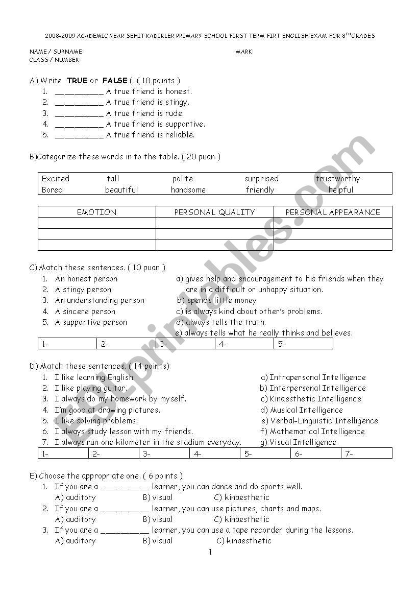 written exam for 8th classes worksheet