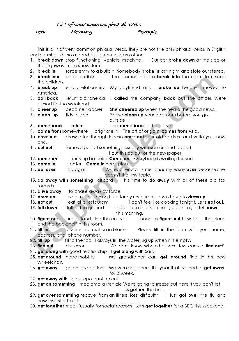 list of phrasal verbs worksheet