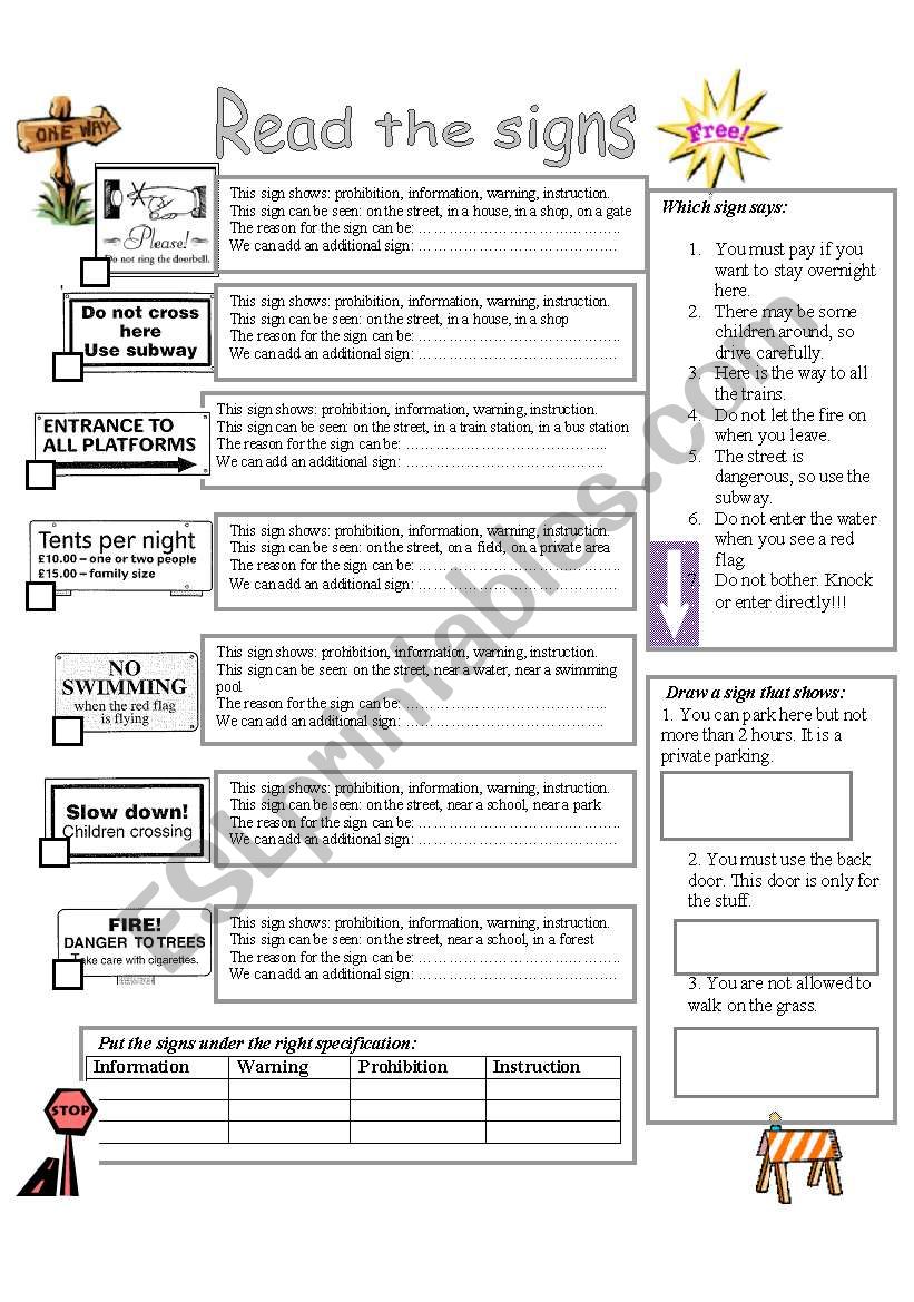 Read the signs worksheet