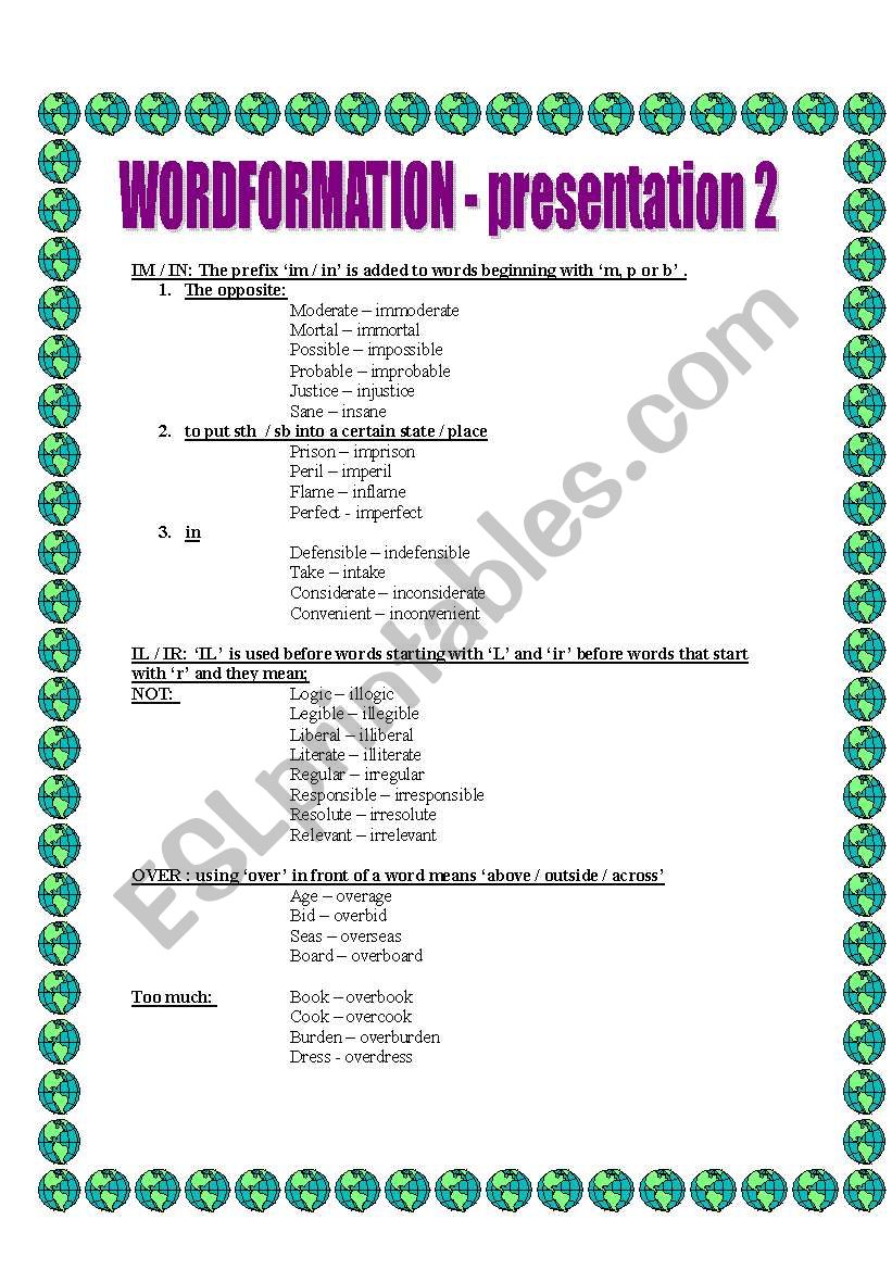 WORDFORMATION -presentation 2 worksheet