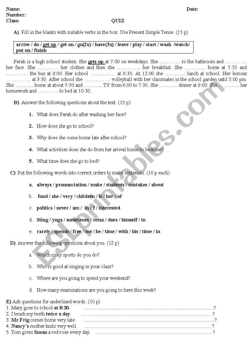 Quiz on Present Simple worksheet