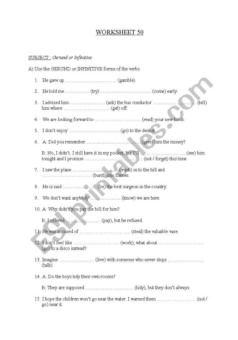 Gerund Infinitive worksheet