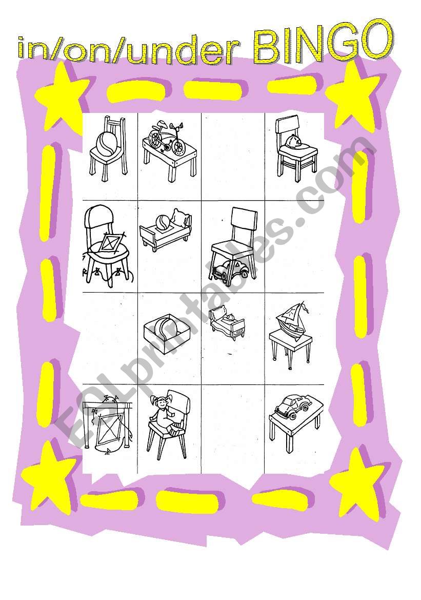 in/on/under toy bingo worksheet