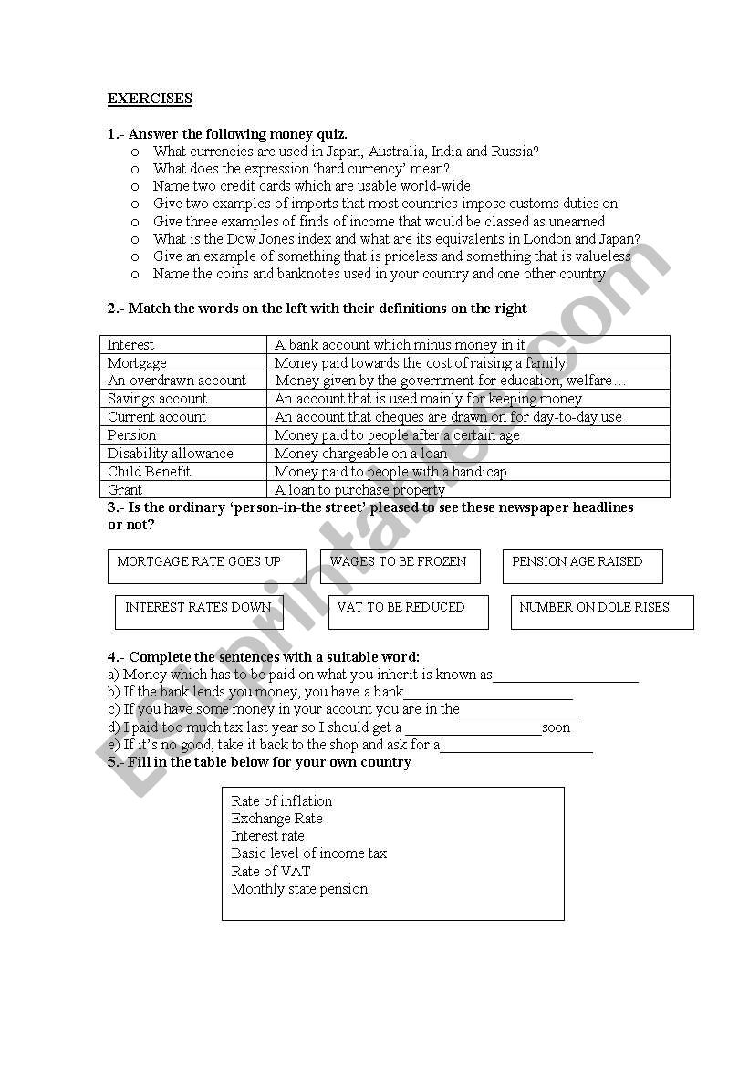 MONEY VOCABULARY EXERCISES worksheet